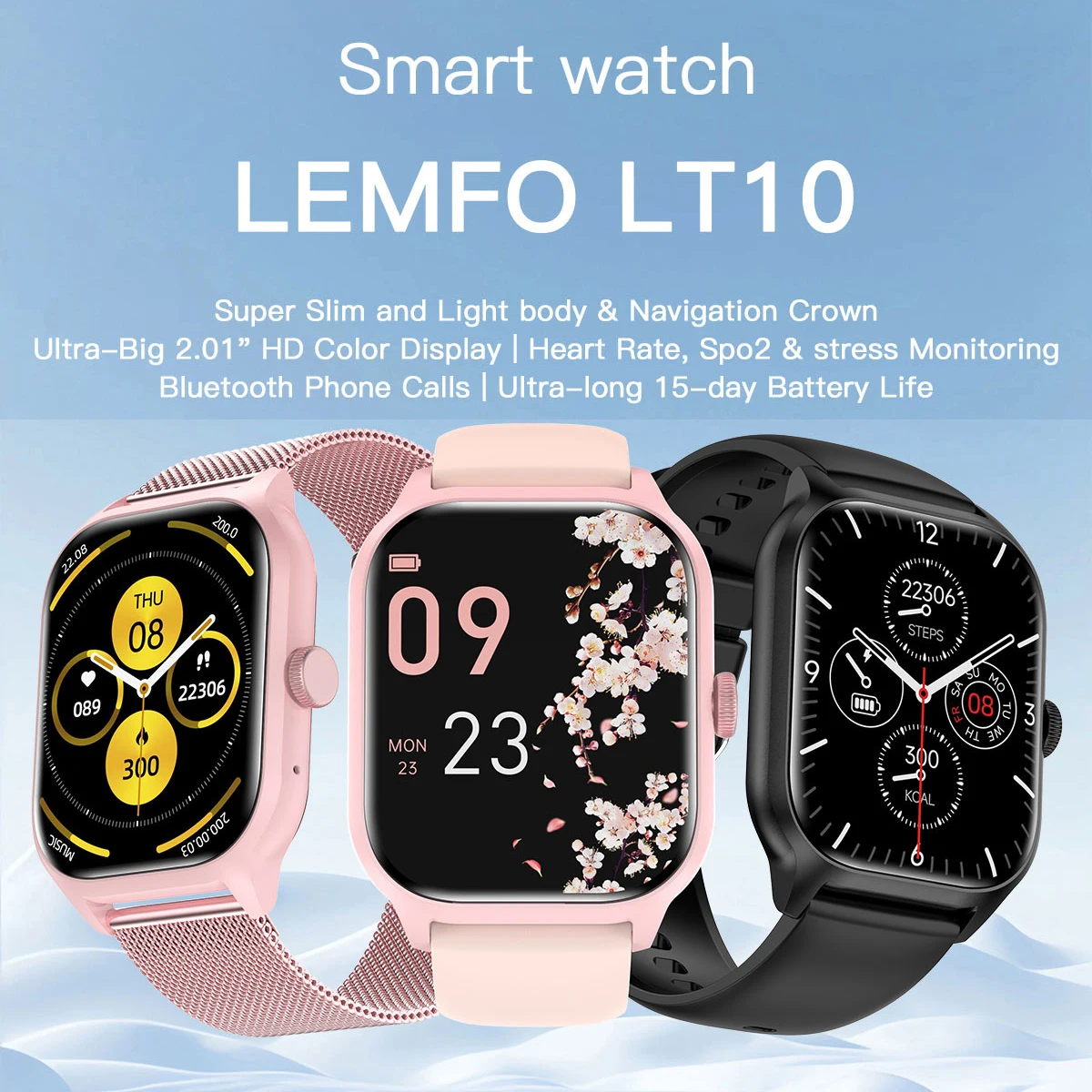 2.01 TFT Screen Smartwatch for Girls Boys Sleep Monitoring Timer SMS Reminder Answer Call IP67 Compatible Android IOS-Pink Color