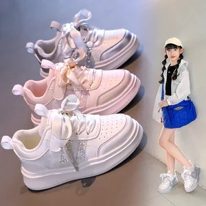 Girls' Low-top Sneakers for Older Children White Shoes Autumn New Style Korean Style Rhinestones Trendy Versatile Kids' Sports