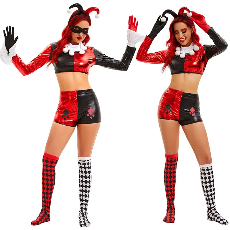 New Halloween COS Circus Sexy Suit Black Red Tight Dress Jumpsuit Funny  Clown Costume Adults TV Stage Playing Suit