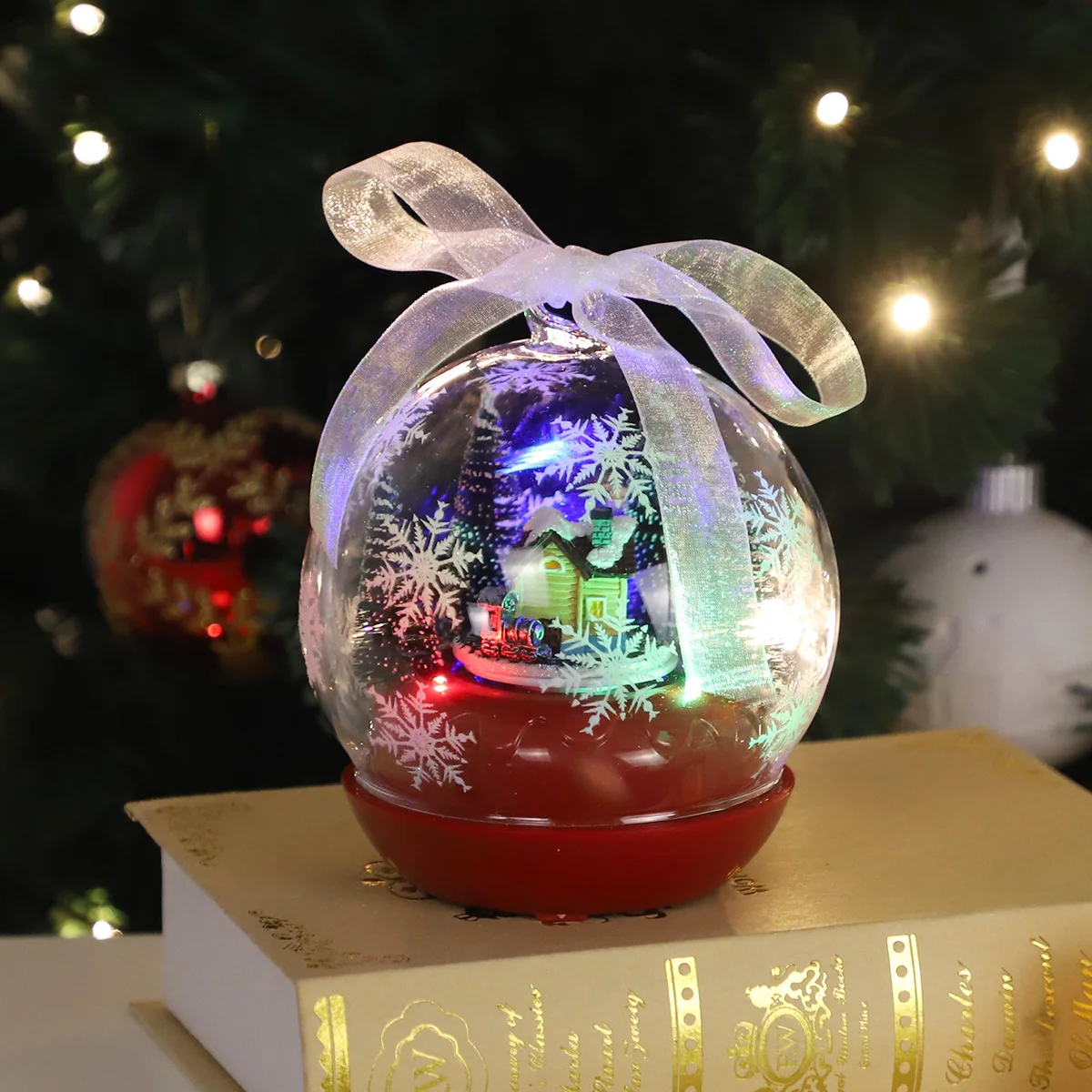 Rotating Christmas ornament bauble ball festive train house Scene LED Light Musical Rotate Animated Snow Globe Ball Decoration details