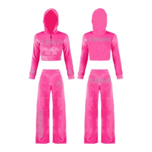 OEM Customizable Lady Cropped Top Y2K Velvet Hoodie Casual Velour Zipper Rhinestone Embroidery Winter Terry Front Badge