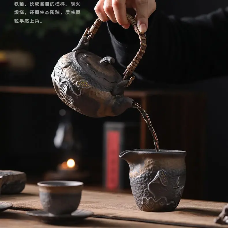 Stoneware Charm of Lotus Loop-handled Teapot Household Single Teapot Old Rock Clay Silver Retro Kung Fu Tea Teaware Teakettle