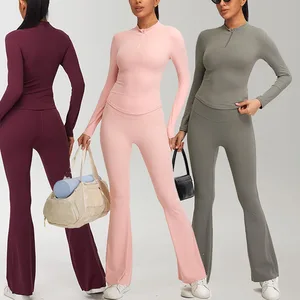 Wholesale Fitness Clothes Long Sleeve T-shirt Workout Tops Women Active Gym Wear Flared Yoga Pants Leggings Sets