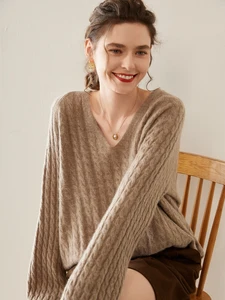 ChinaV-times Light Luxury Korean Lazy Style  Cloak for Women V-Neck Loose Fit Small Cable Cashmere Knitwear