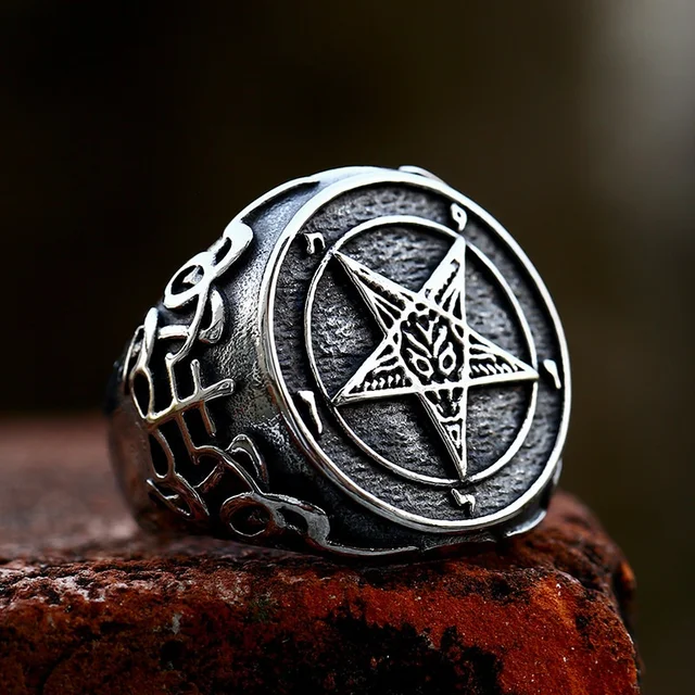 Men's Retro Five-Pointed Star Stainless Steel Ring Geometric Titanium for Anniversary Devil Satan Theme Popular Hot for Foreign