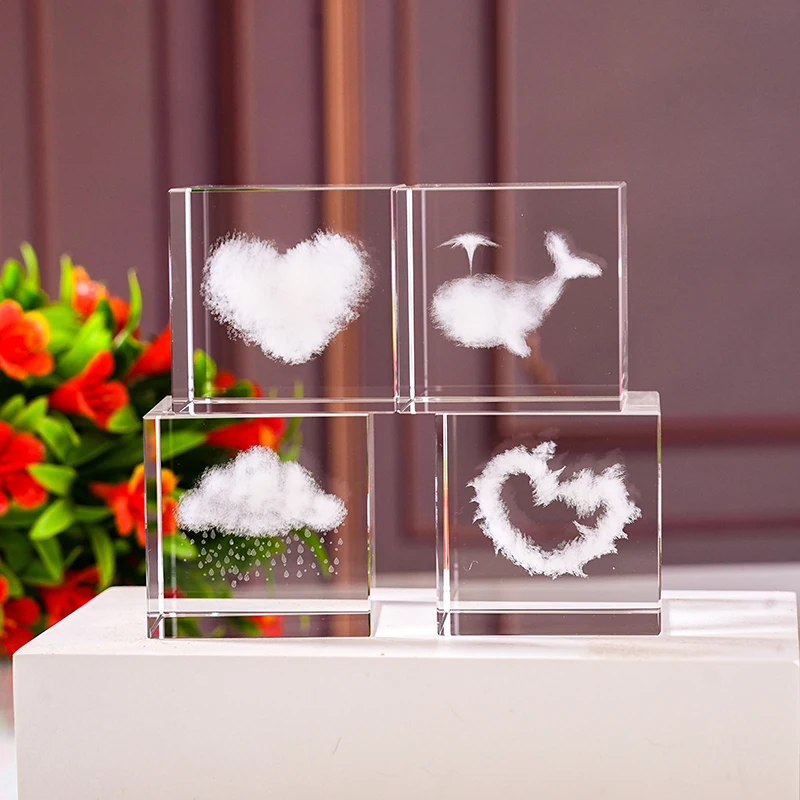 Factory Direct 3D Laser Crystal Block Customized Heart Cloud 50MM engraving for Souvenir Gifts with Luxury Gift Box