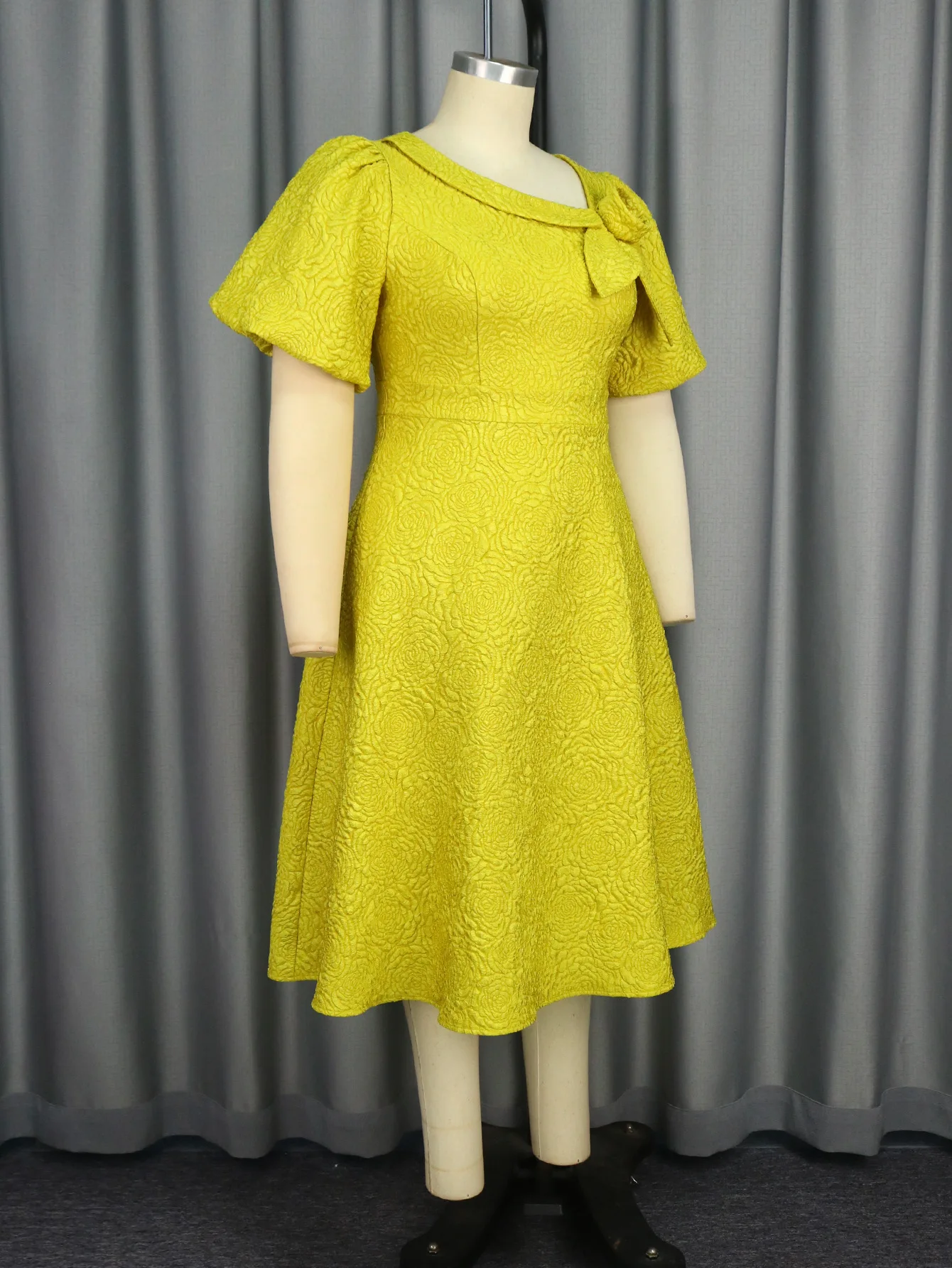 Elegant Yellow Jacquard Dress with 3D Flowers & Puff Sleeves Elegant Yellow Jacquard Dress with 3D Flowers & Puff Sleeves