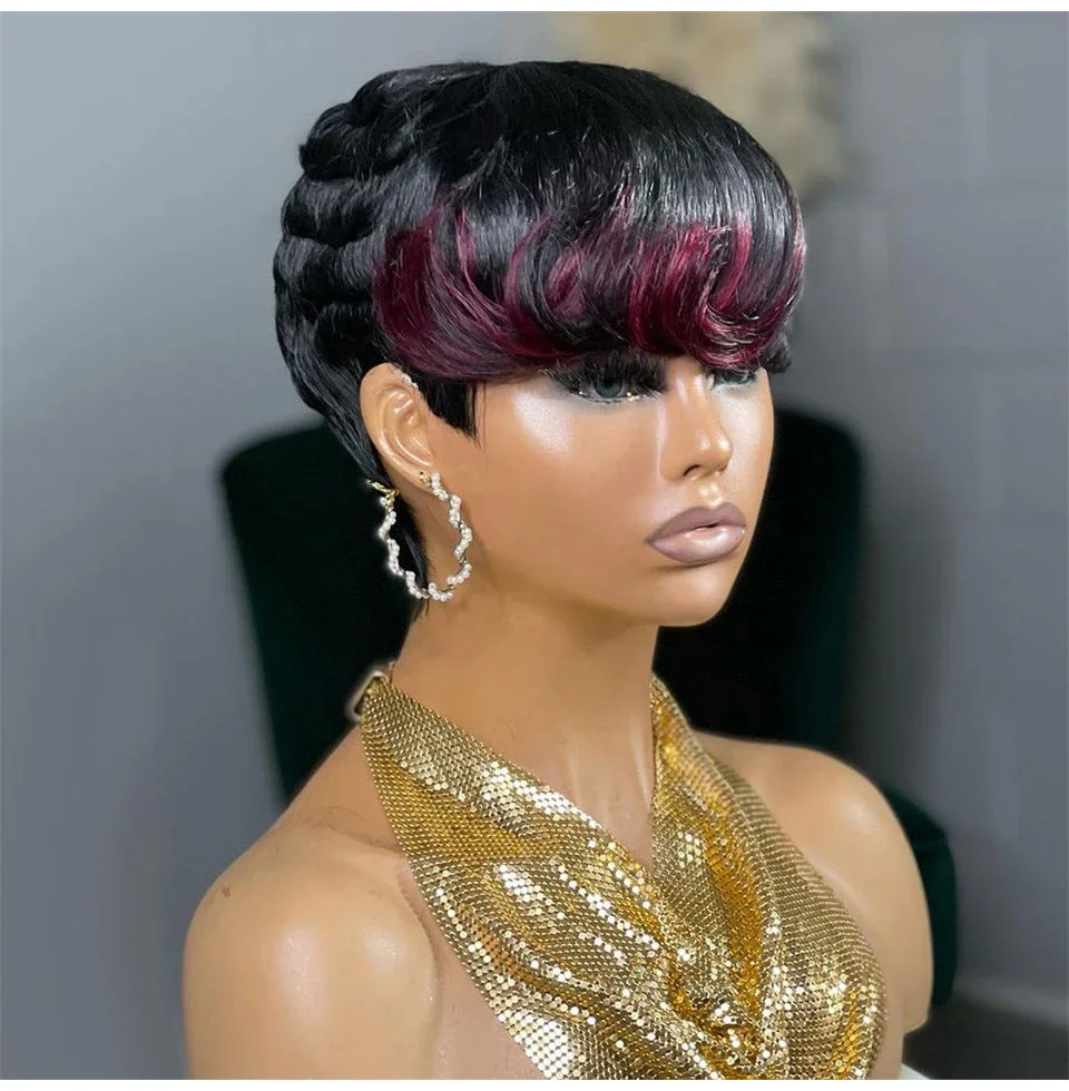 Human Hair Pixie Cut Wig With Highlights Blonde Green Bob Style_voghion.com