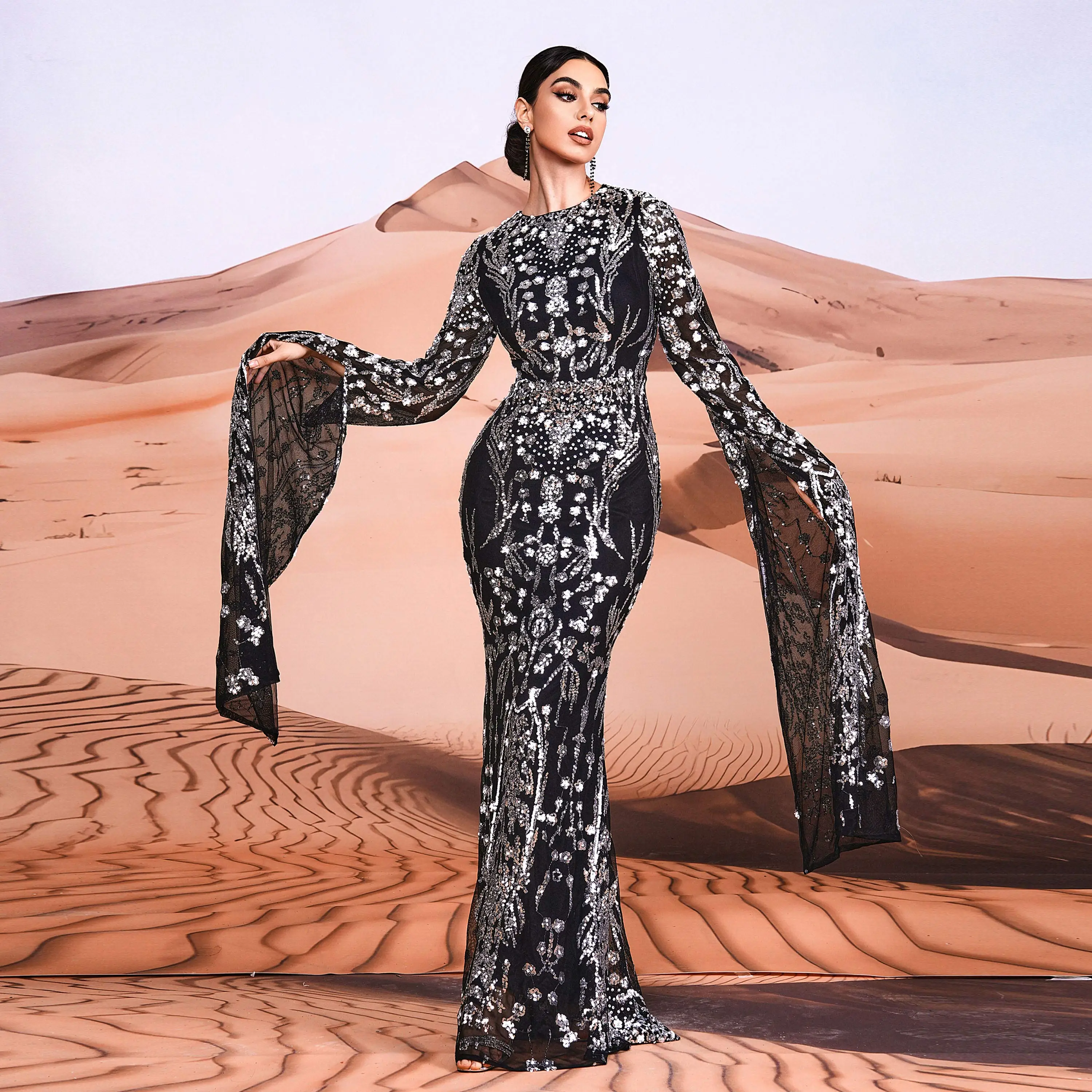 O-Neck Long Sleeve Maxi Sequin Hijab Arabic Istanbul Moroccan Turkish Dubai Muslim Modest Evening Dresses for Women O-Neck Long Sleeve Maxi Sequin Hijab Arabic Istanbul Moroccan Turkish Dubai Muslim Modest Evening Dresses for Women