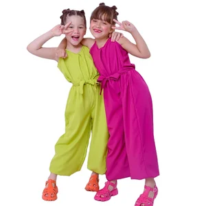 2023 Wholesale Fashion Children Suit Summer New Design Solid Color Sleeveless Lace-up Waist Wide Leg Girls Jumpsuit