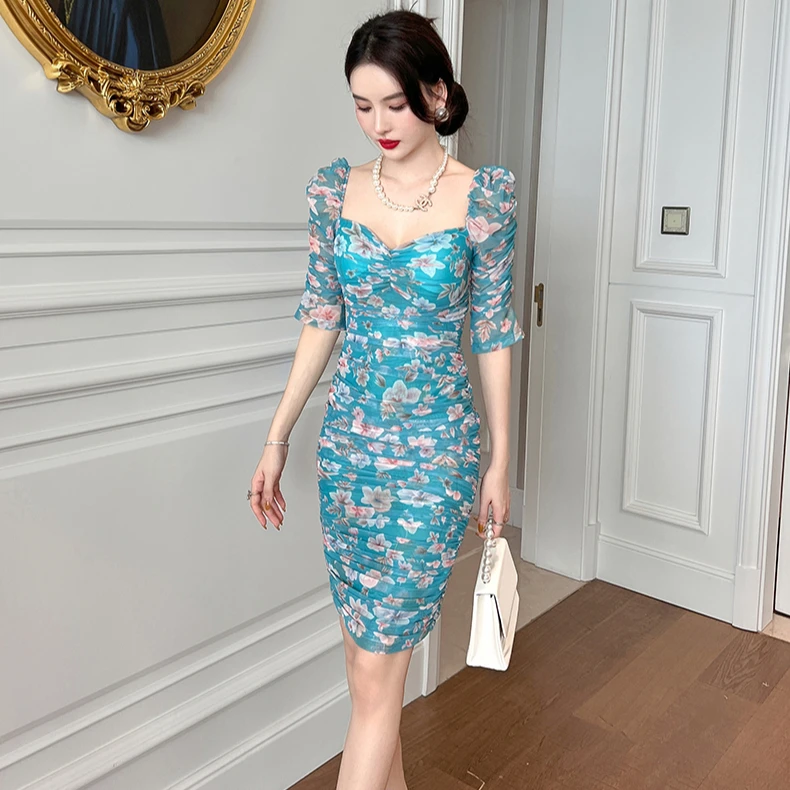 blue half sleeve dress Womens Dresses