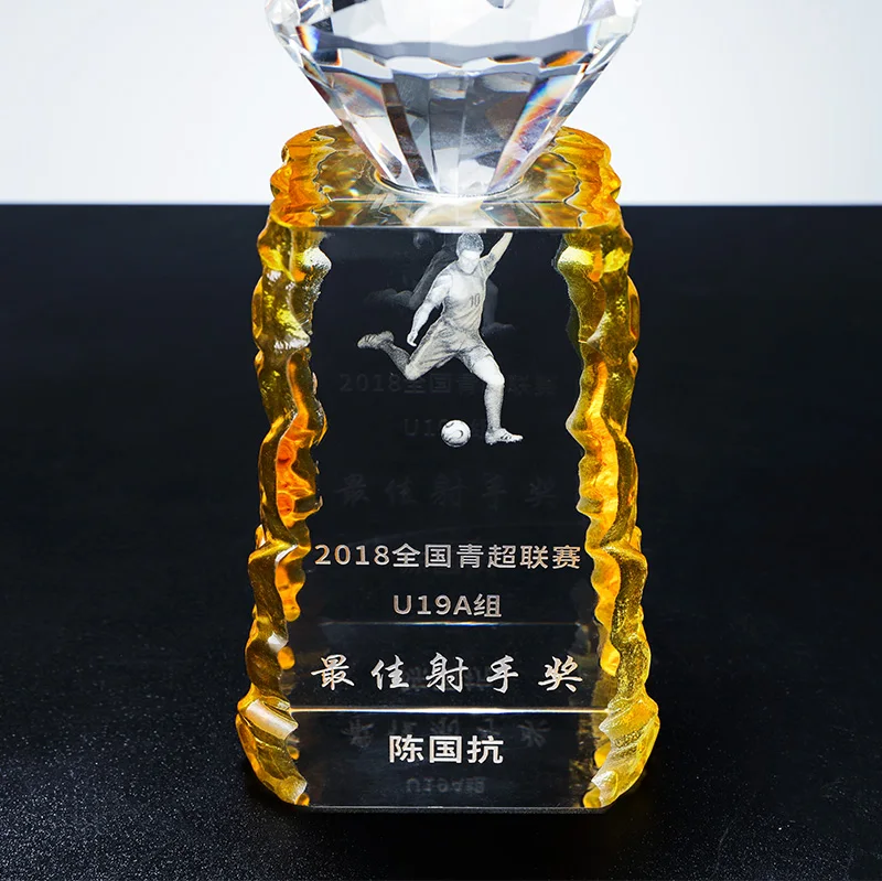 Factory direct sales can be customized k9 crystal color printing sports football sandblasted inside carved trophies manufacture