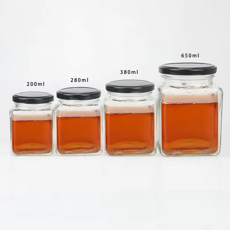 Supplier Black&gold&red&white metal Lids Square glass food jars square glass Jars for Storage Food Honey