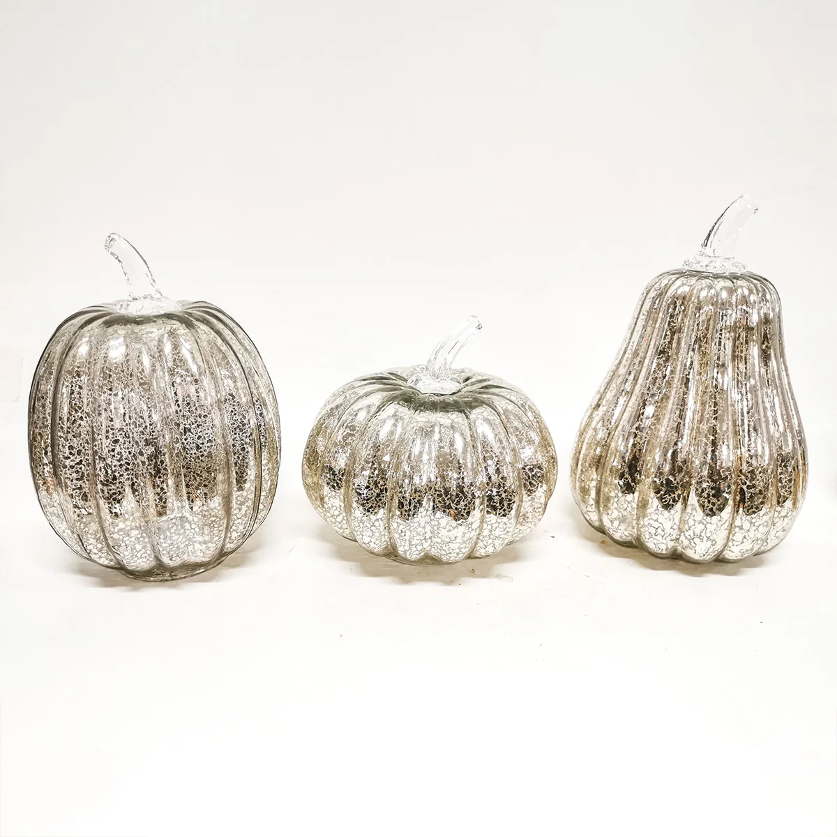 Halloween decorative silver mercury hand blown glass pumpkin set with led lights wholesale