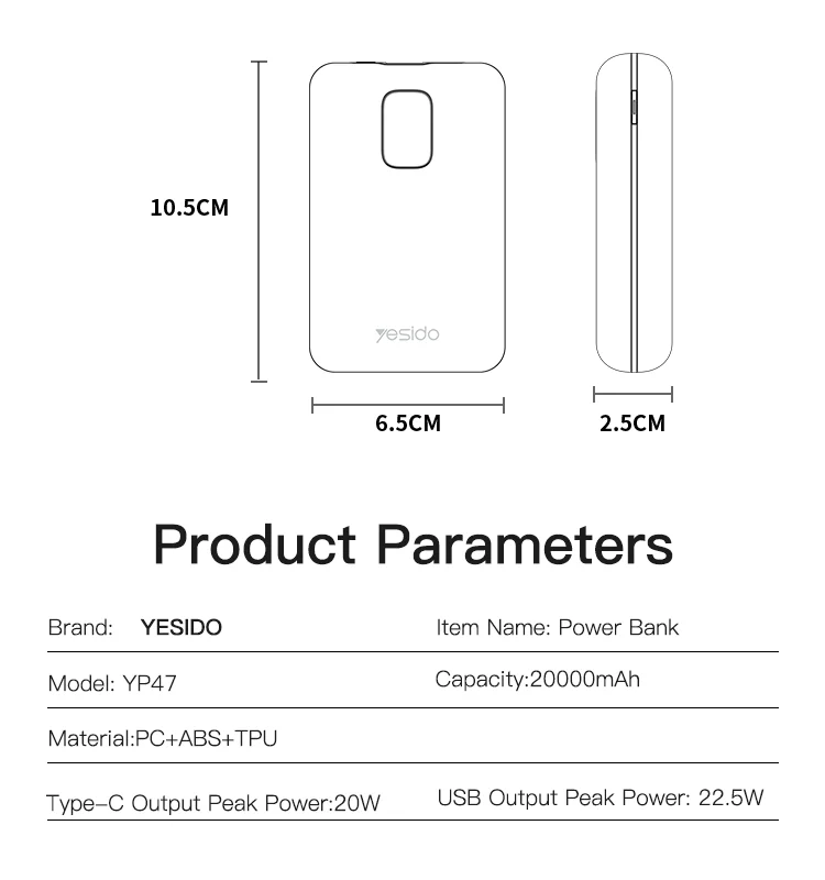 Yesido YP47 20000mah 22.5W PD20W Fast Charge LED Digital Display Power Bank