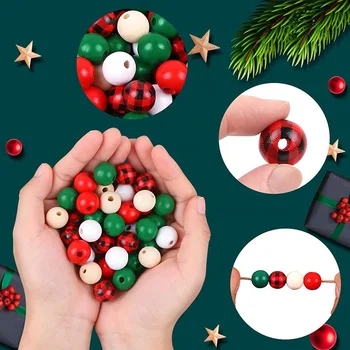 Wholesale Christmas Craft Xmas Red Plaid Polished Natural Round Wood Beads