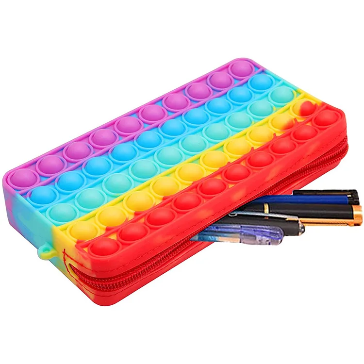 Portable Large Capacity Simple Relief Sensory Fidget Rainbow Pop Bubble School Decompression Toy Silicone Pencil case for Kids
