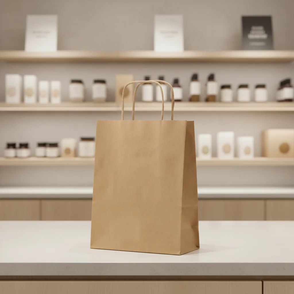 Custom Brown Biodegradable Recyclable Kraft Paper Gift Bags with Handles for Food Packaging Coffee Shops Bakeries Supermarkets