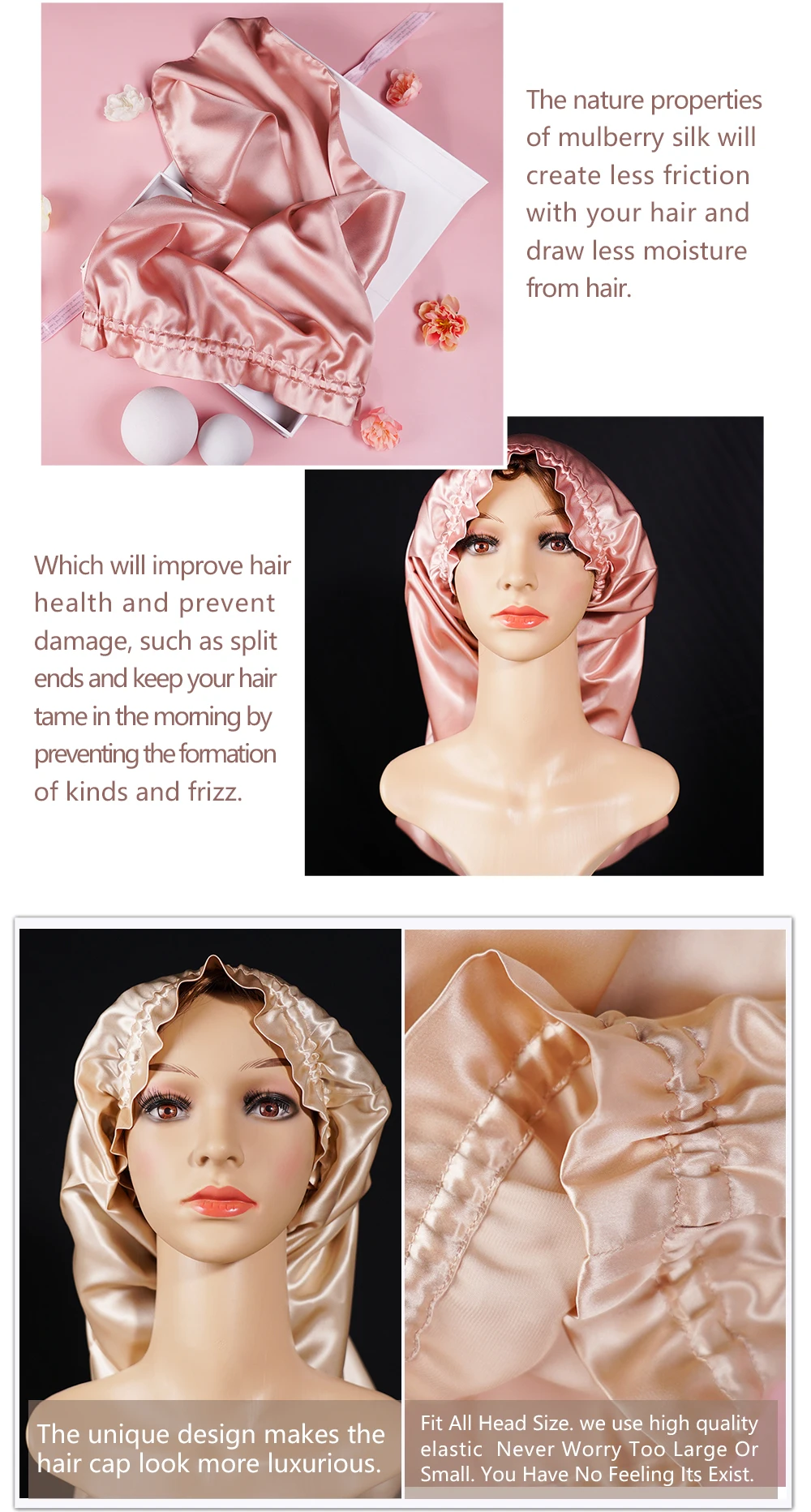 Improve Hair Health High Quality Elastic Long Hair Silk Cap 22momme