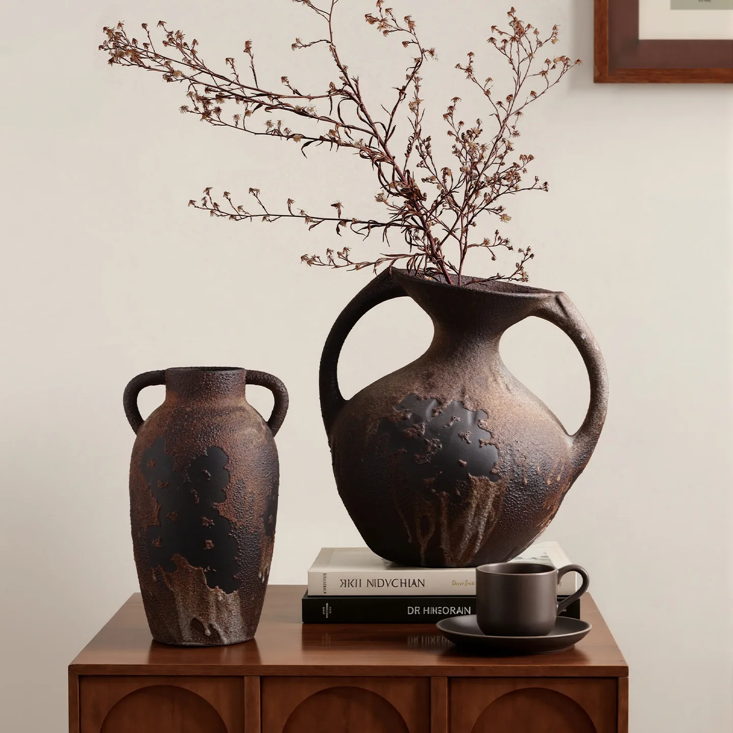 Wabi Sabi Ceramic Vase with Two Handles Rustic Brown Black Gradient Finish Vintage Style Home Decor Dried Flower Arrangement
