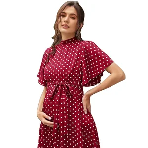 Stylish and Comfortable Knitted Maternity Dress with Short-Sleeved Polka Dot Chiffon Lace-Up Design