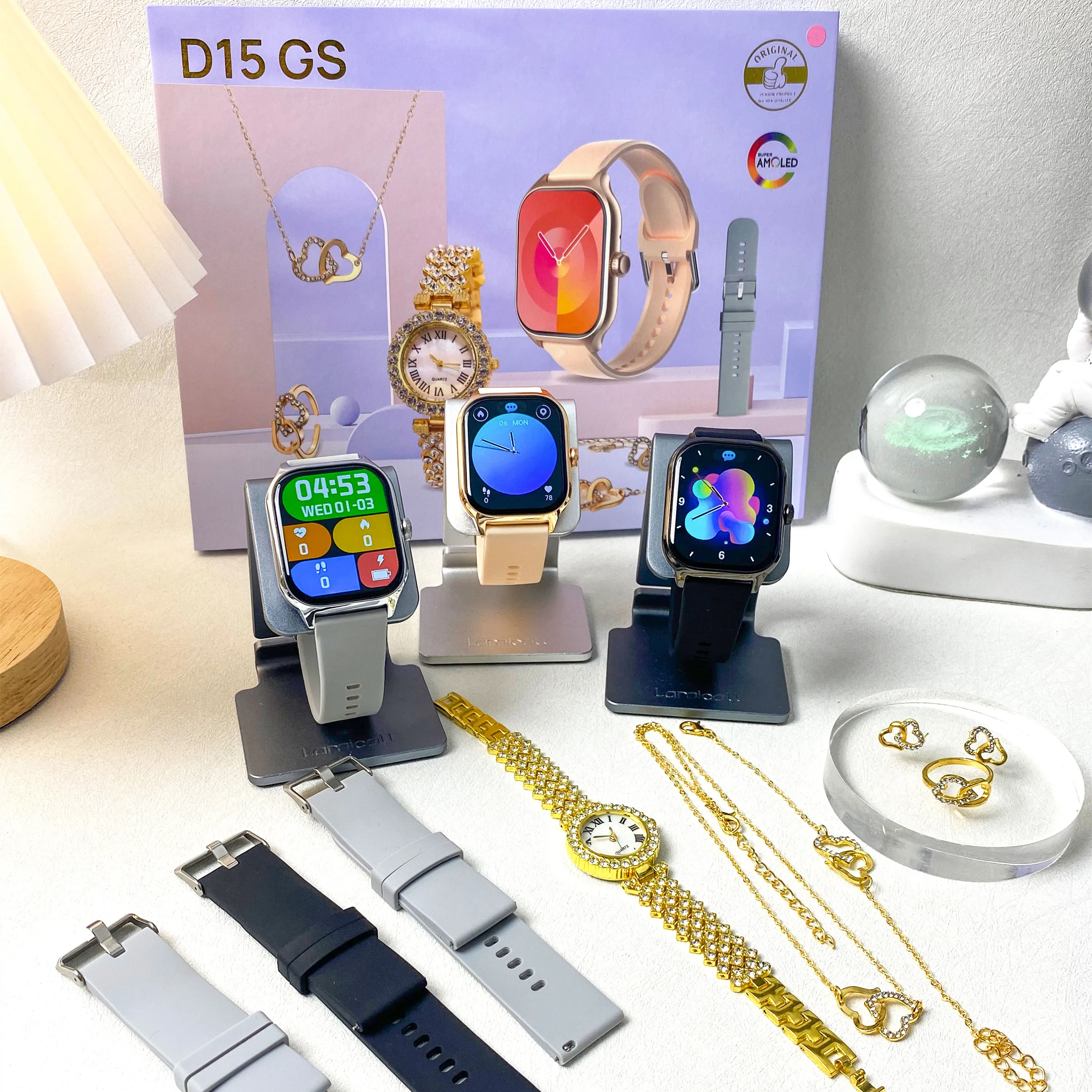 Luxury Ladies Gift Box Packaging Smart Watch 6 in 1 Set D15 GS Accessories Quartz Watch Bracelet Necklace Earing for Women