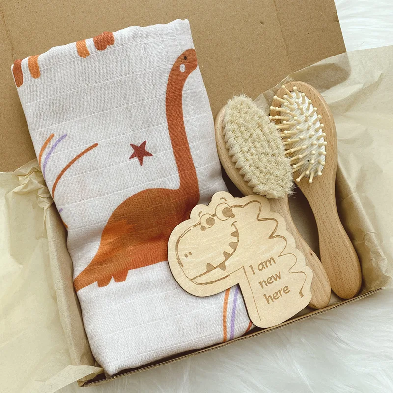 Muslin Swaddle Blankets Gift Set Baby Teether Wooden Milestone Card New Born Shower Gift Set Box details