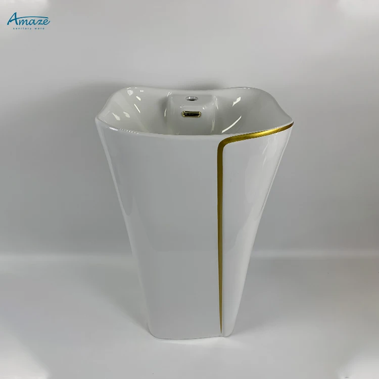 Modern lavatory square pillar gold line white one-piece ceramic bathroom sink wash hand pedestal basin supplier