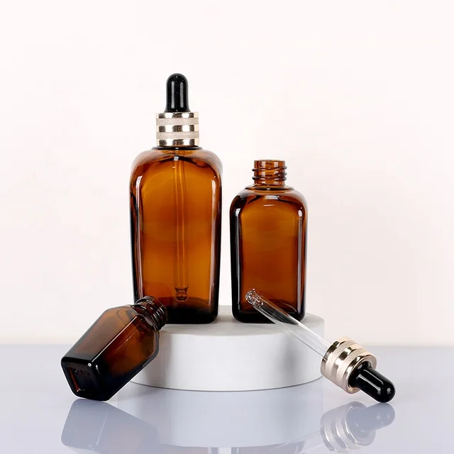 Multiple Caps Available Free sample amber thick bottom glass facial serum bottle glass square essential oil bottle