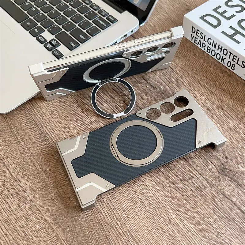 Magnetic Aluminum Metal Frameless Carbon Fiber Back Case for Samsung Galaxy S25 S24 S23 S22 Ultra Built-in 360 Rotating Holder