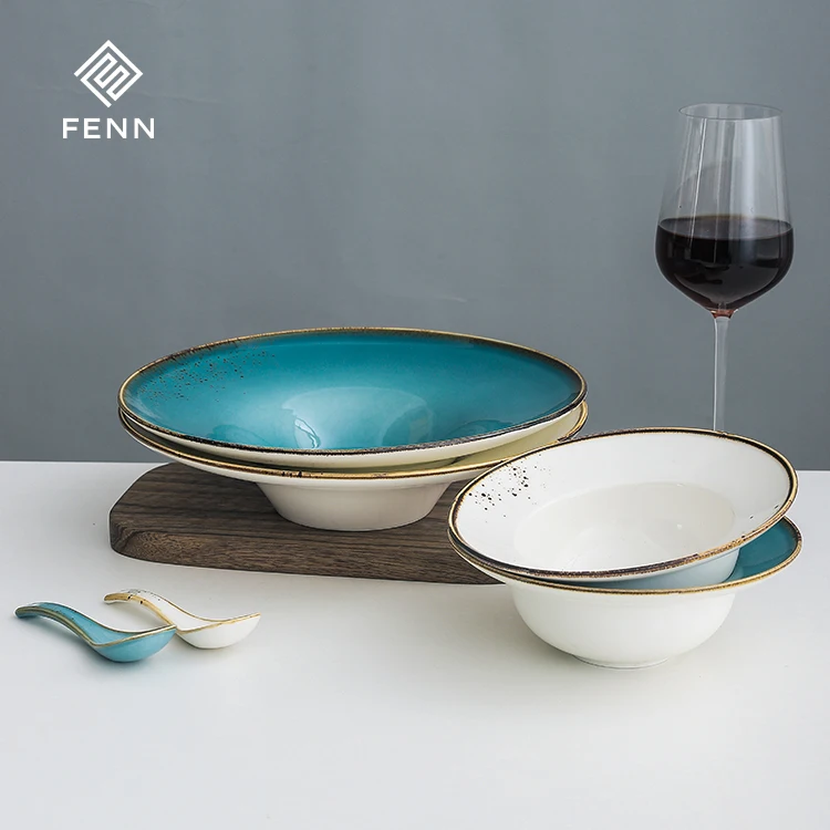 FENN wholesale healthy glazed porcelain bowls hat shape hotel restaurant used deep plate and spoon for home and kitchen