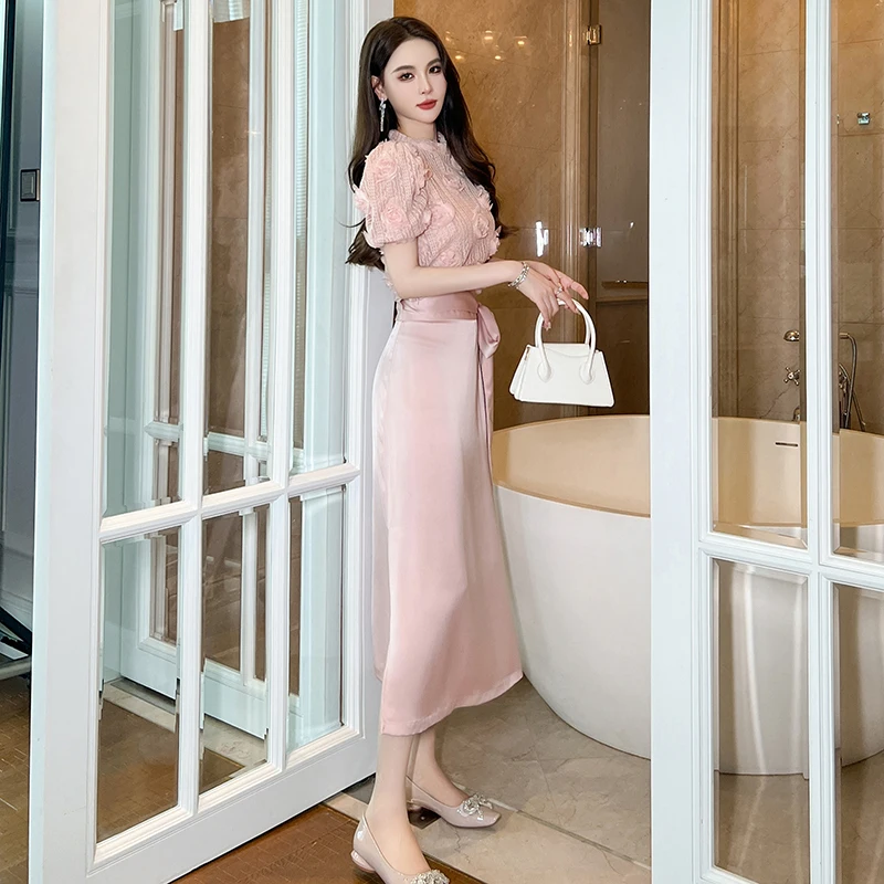 ZYHT 50120 Pink 3D Mseh Rose Flower Stitching Hollow Short Sleeve