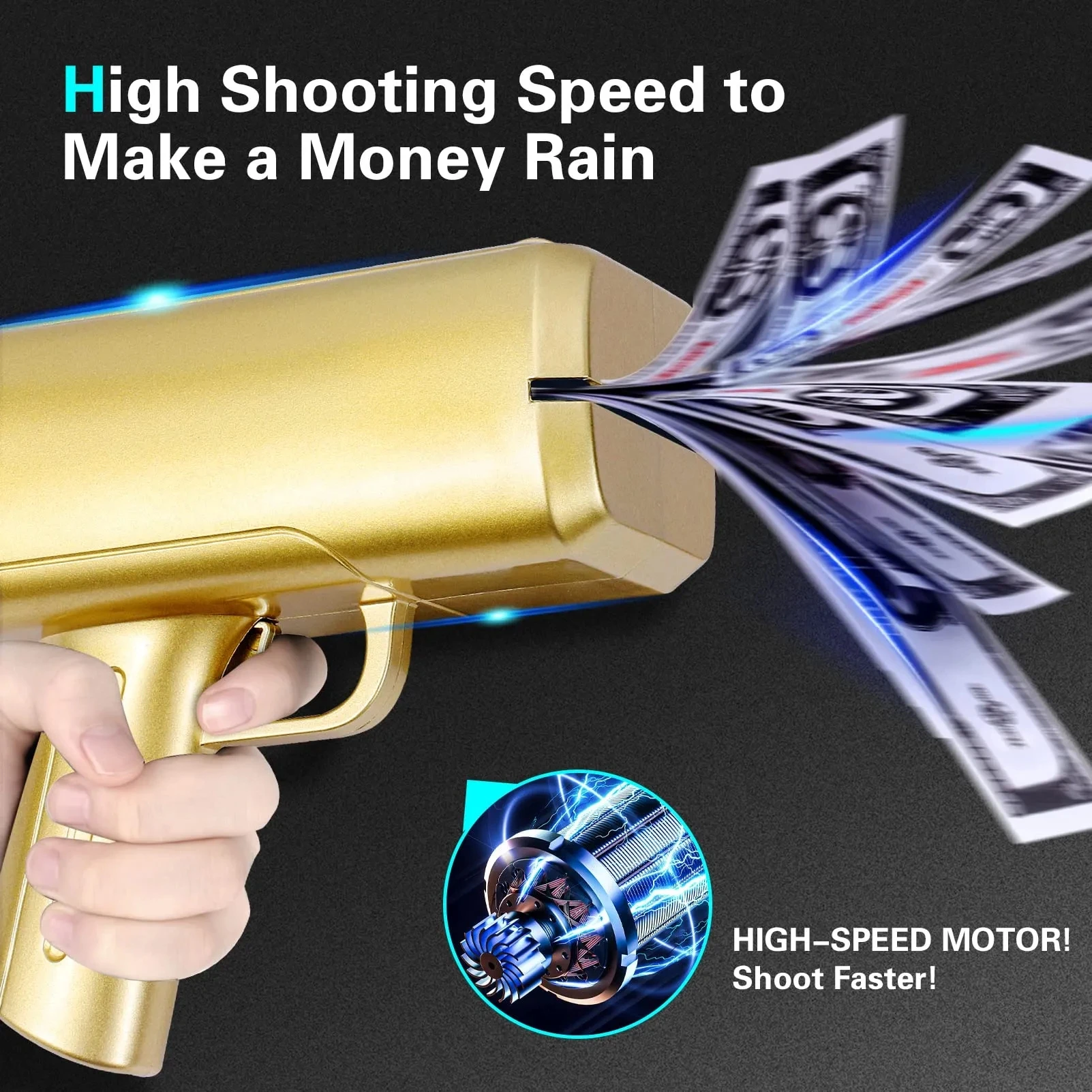 Super Gun Shooter - Make It Rain Cash Toy Gun With Prop Bills, Gold, For Parties & Gifts