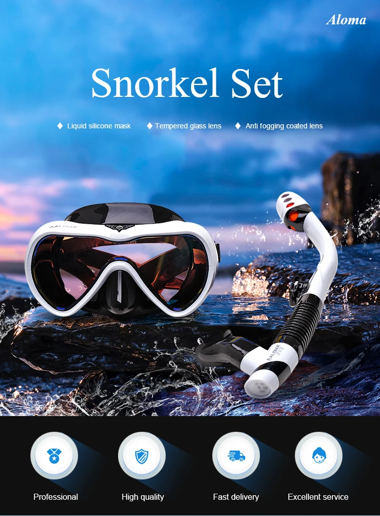 Aloma Coated Tempered Glass Single Lens Scuba Diving Goggles Dry Top Snorkeling Mask And Snorkel