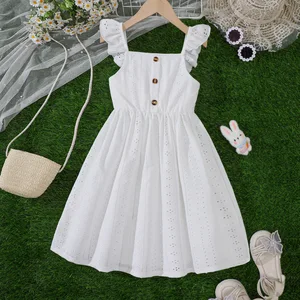 New Girls' Summer Dresses Single-Breasted Flutter Sleeves Solid Casual Style Children's Clothing Button Decoration ODM Supply
