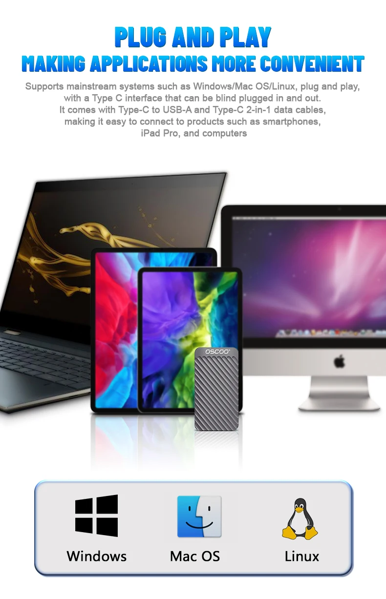 For OSCOO Latest Portable SSD 1TB External Hard Drive 2TB Hard Disk Memory 1TB 256GB Portable SSD 4TB All Laptop PSSD