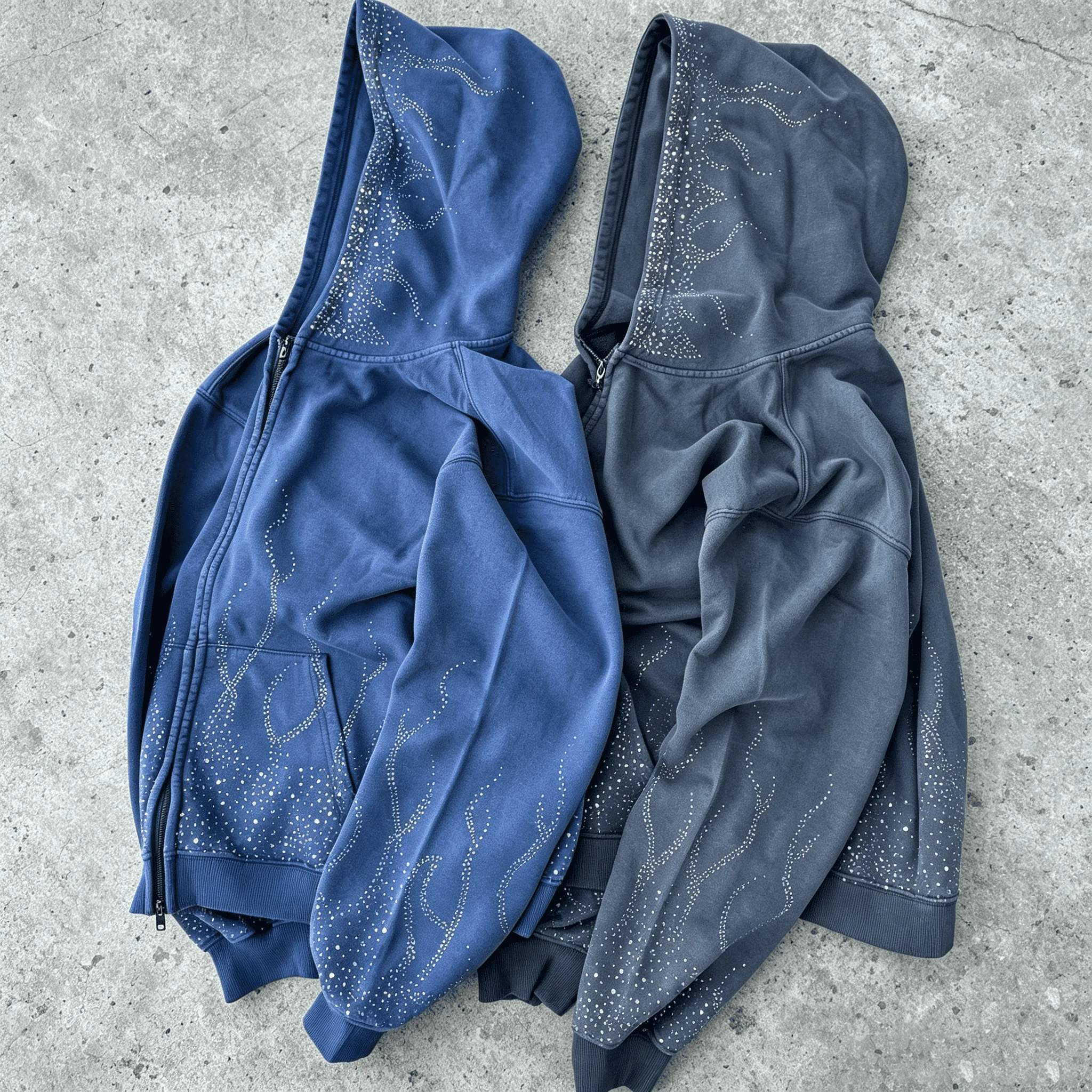 Custom Men's Distressed Vintage-Style 100% Cotton Winter Hoodie with Zipper and Rhinestones Streetwear-Style Sweatshirt