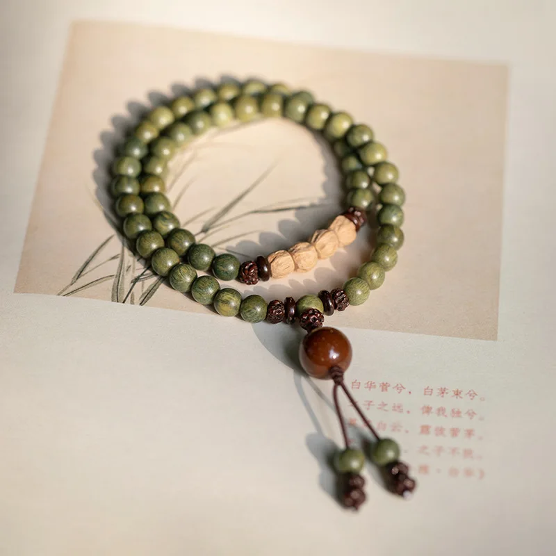 Green Palo Santo Sandalwood Buddha Beads 8mm Vintage Prayer Bracelets Multi-Layered Bracelets for Men Women Yoga