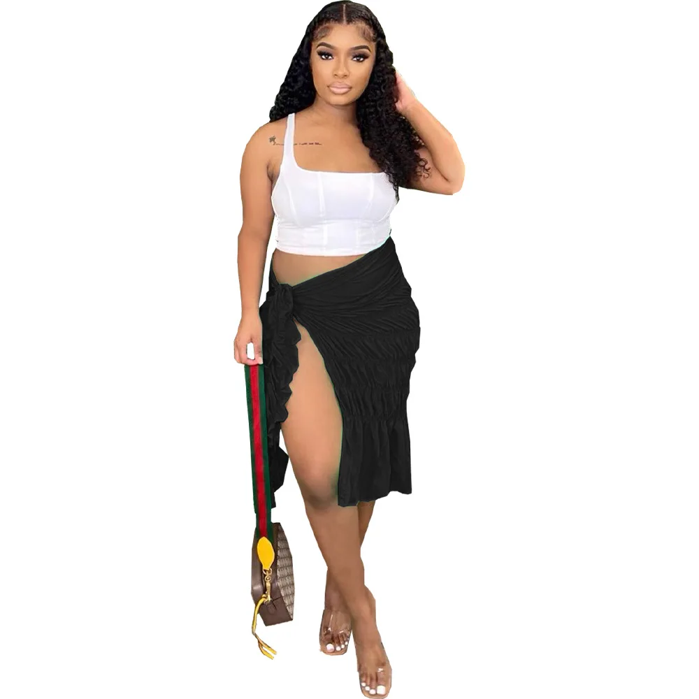 2023 Summer Wrap Ruched Solid Color Midi Skirts Pleated Side Slit - Main Image