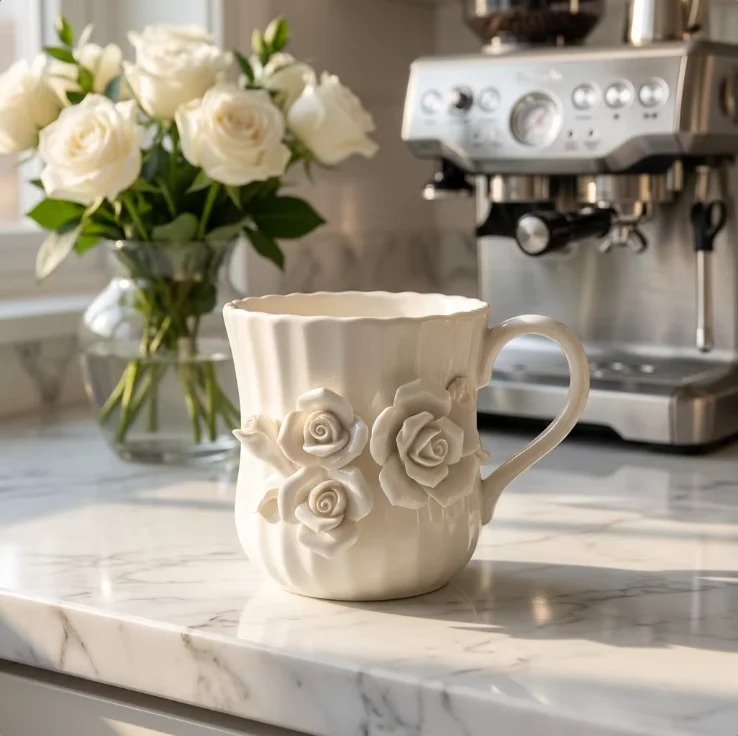 500 ml grote capaciteit, handgemaakte keramische mok met 3D-roos - oversized vintage ivoorkleurige koffiemok voor cadeaus en woondecoratie, op maat te maken (OEM)