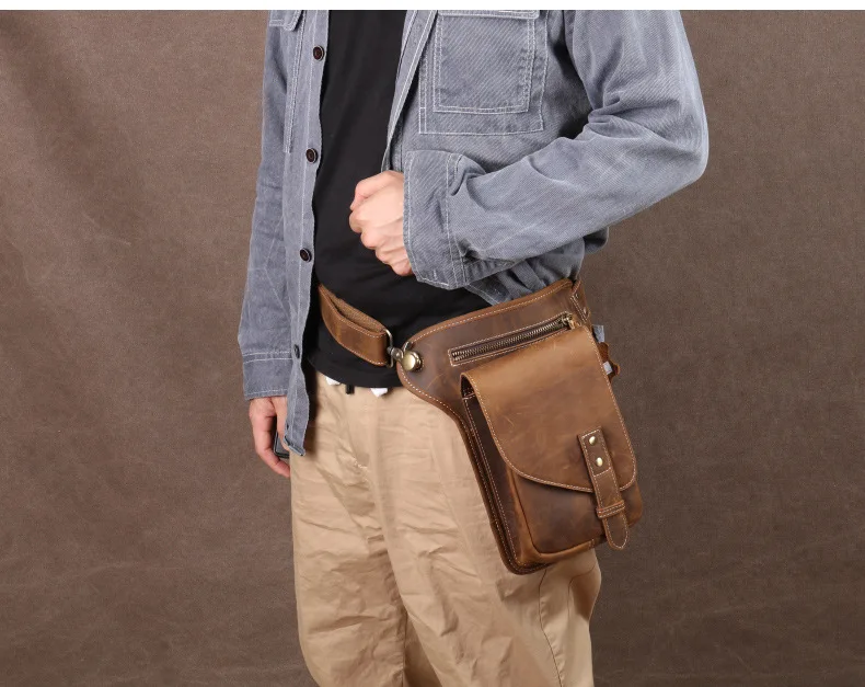 Vintage Genuine Crazy Horse Leather Waist Bag for Men Cowhide Motorcycle Crossbody Leg Saddlebags & Luggage