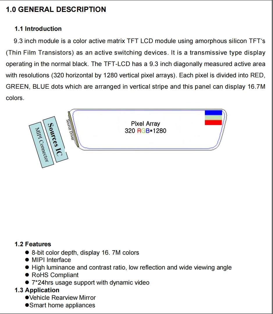 WEITAI 9.3 Inch TFT IPS LCD Module with MIPI Interface 320x1280 Resolution and 500cd/m Brightness for Car Rearview Mirror supplier