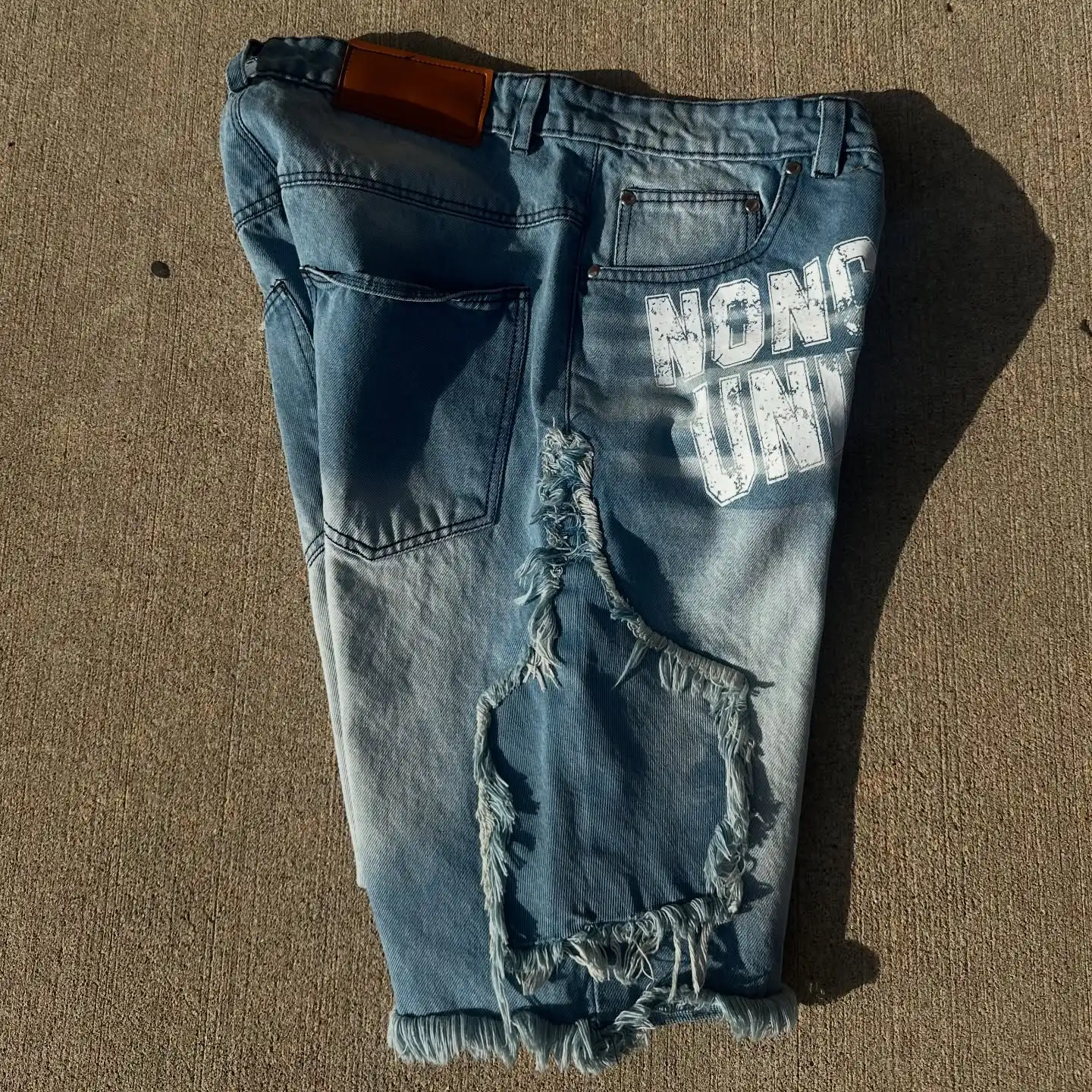 Custom Summer Trousers Patchwork Cotton Patch Embroidered Double Knee Baggy Unisex Bermuda Jeans Short Pant Denim Shorts for Men gallery 2