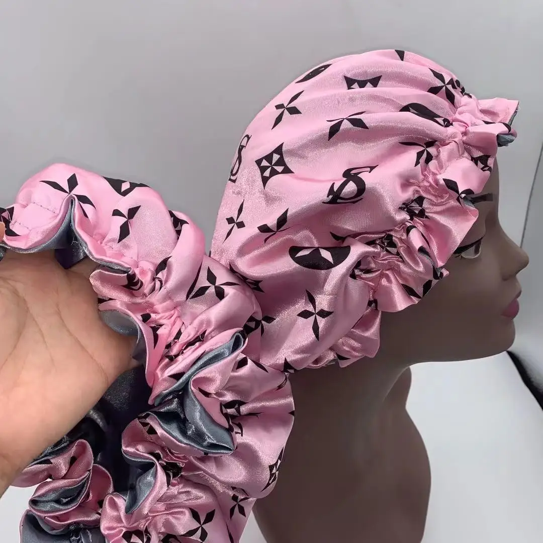 Custom Full Logo Silk Hair Bonnet For Women Customised Bonnets Satin Custom  Logo Designer Bonnets