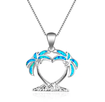 Mother Daughter Gift Cubic Zirconia Family Spiritual Tree Opal Heart Shaped Palm Tree 925 Sterling Silver Tree Pendant Necklace