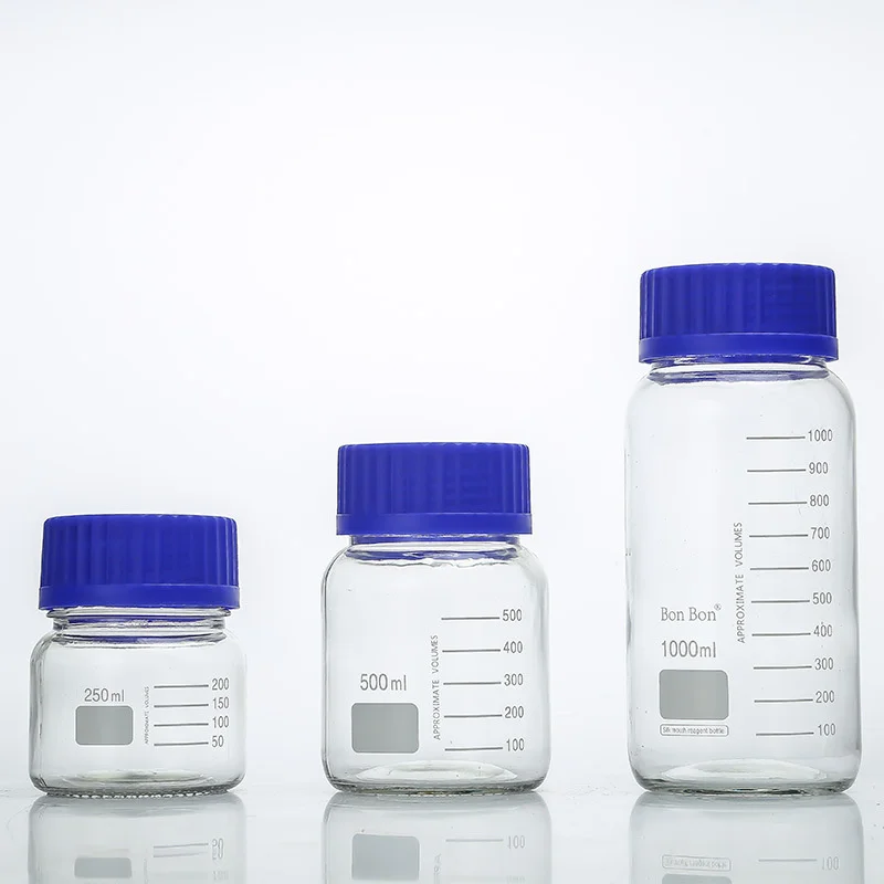 Factory Wide Mouth 1 Liter Lab Glass Reagent Bottle 1000ml Borosilicate Media Storage Jar With Blue Screw Cap