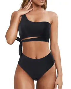 Bathing Suit One Shoulder High Waist Bikini Tie High Cut Two Piece Spandex/Polyester Solid Sexy Women Swimsuit Set