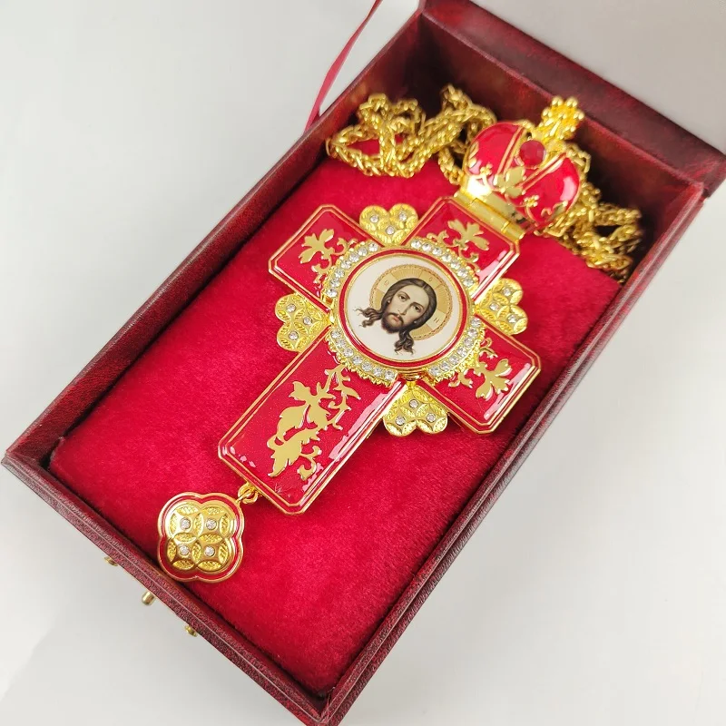 Transparent Red Enamel Craft on Orthodox Bishop Top Ranking Pectoral Cross Necklace for Church Prayer