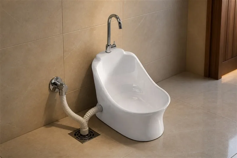 Close-up of a wudu basin with its drainage hidden behind the unit