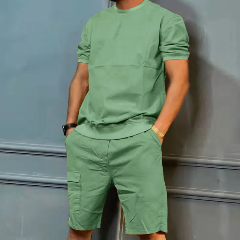 Wholesale Mens Tracksuit Solid Color Crew Neck Short Sleeve Shorts Joggers Plus Size men's sets766_voghion.com